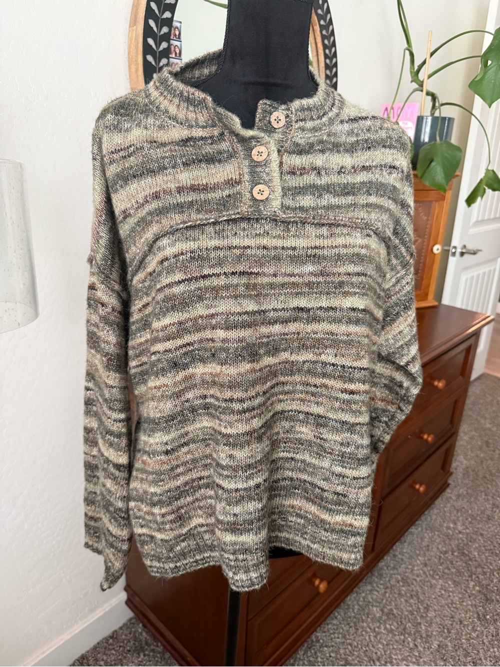 Cleo + Wolf Striped Crewneck Button Pullover Sweater - Olive Neutral Stripes